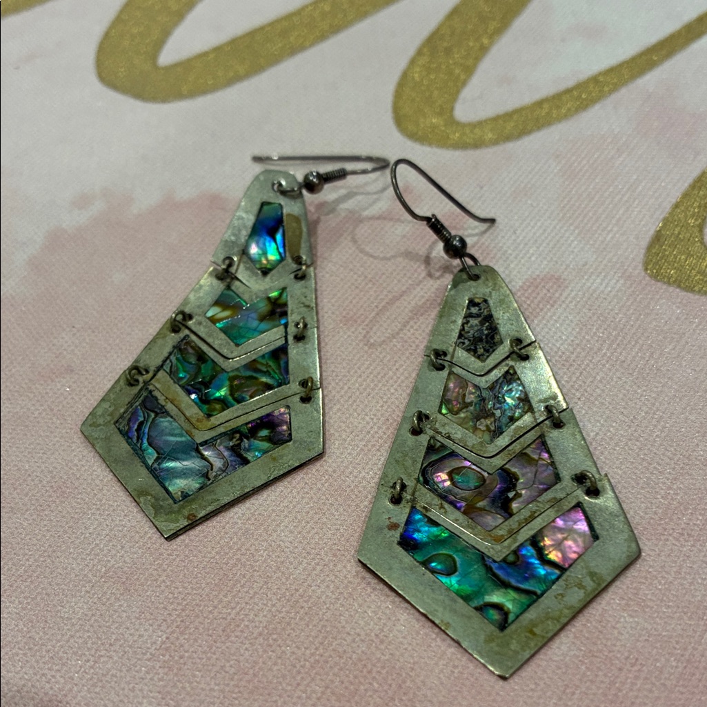 Elegant Mexican Silver And Mother Pearl Abalone Inlay Pierced Drop Earrings